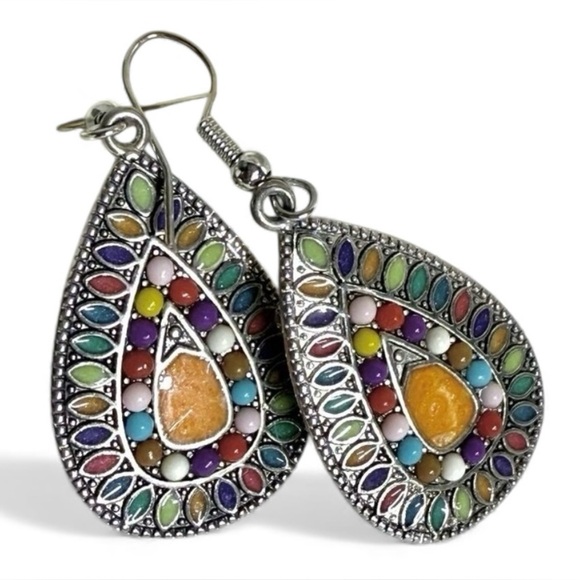 Boutique Jewelry - Vintage Mosaic Teardrop Dangle Earrings Multicolor Enamel